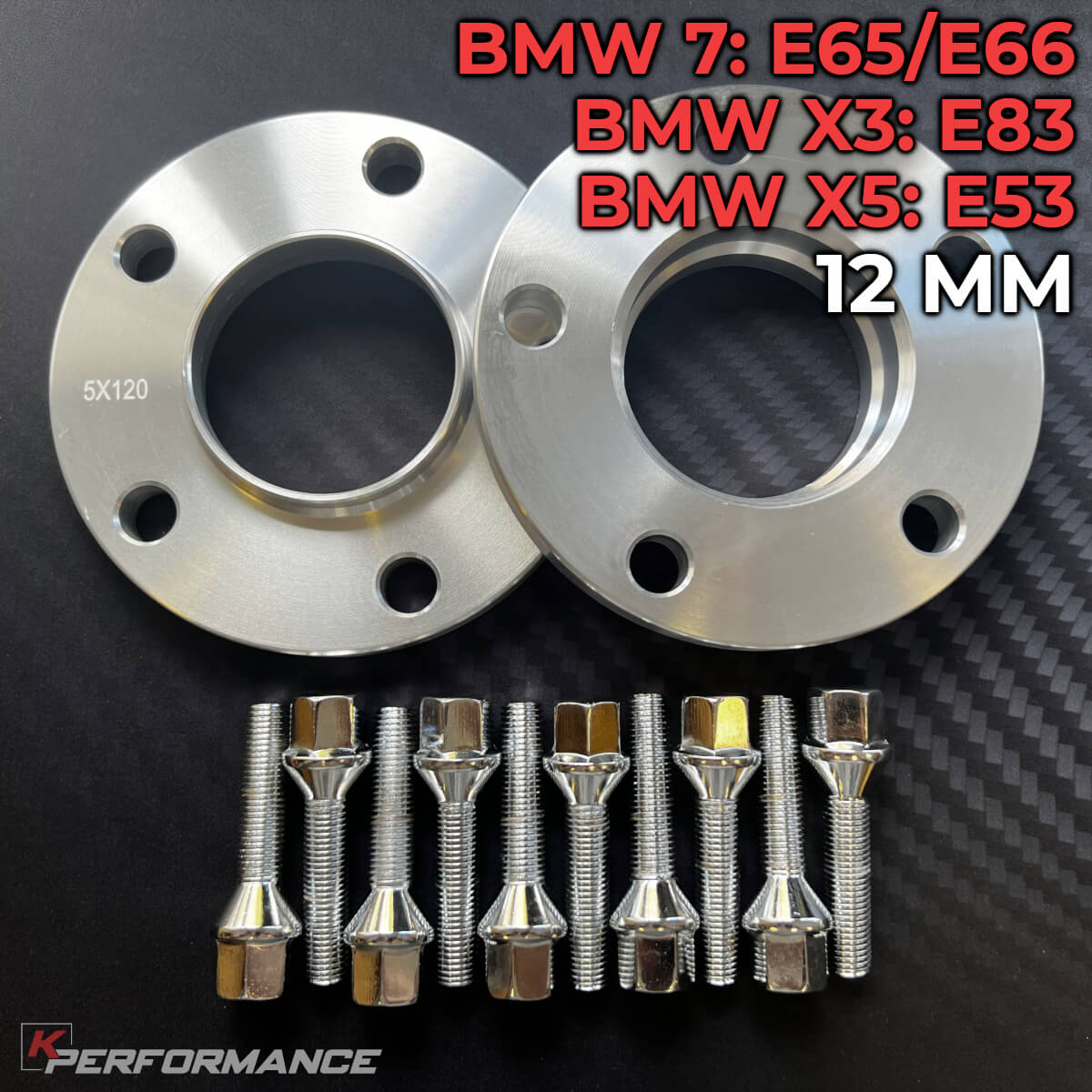 Wheel Spacer Kit With Bolts 5x120 / 72.6 - BMW E65, E83, E53 (12MM) 12mm thickness BMW wheel spacer kit with bolts suitable for BMW E65 E66 E83 and E53 models with an uncommon bolt thread (M14 x 1.5)