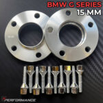 15mm thickness BMW wheel spacer kit with bolts compatible with most G-Series F-Series and i-Series models featuring 5x112 bolt pattern and 66.6mm center bore